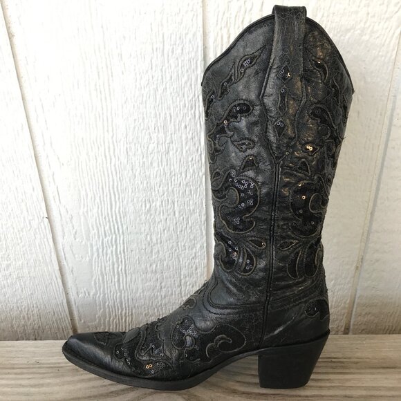 Corral Black Sequins Womens Goat Leather Cowboy Western Boots 6.5 M A1070 - Picture 9 of 13
